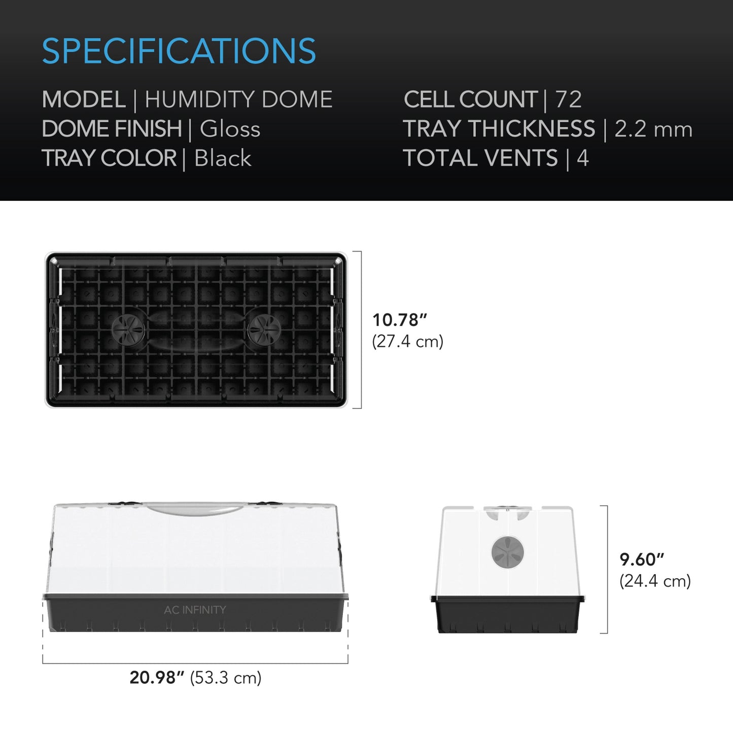 AC INFINITY HUMIDITY DOME, LARGE PROPAGATION KIT, 6X12 CELL TRAY