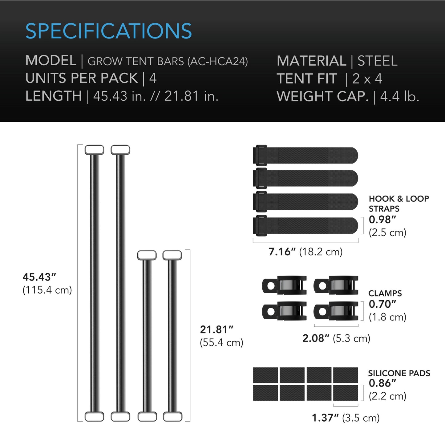 AC INFINITY GROW TENT MOUNTING BARS, FOR INDOOR GROW SPACES, 2X4'
