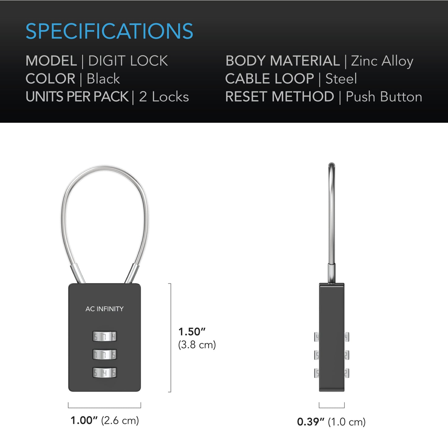COMBINATION LOCK, FLEXIBLE STEEL CABLE LOOP, 2-PACK