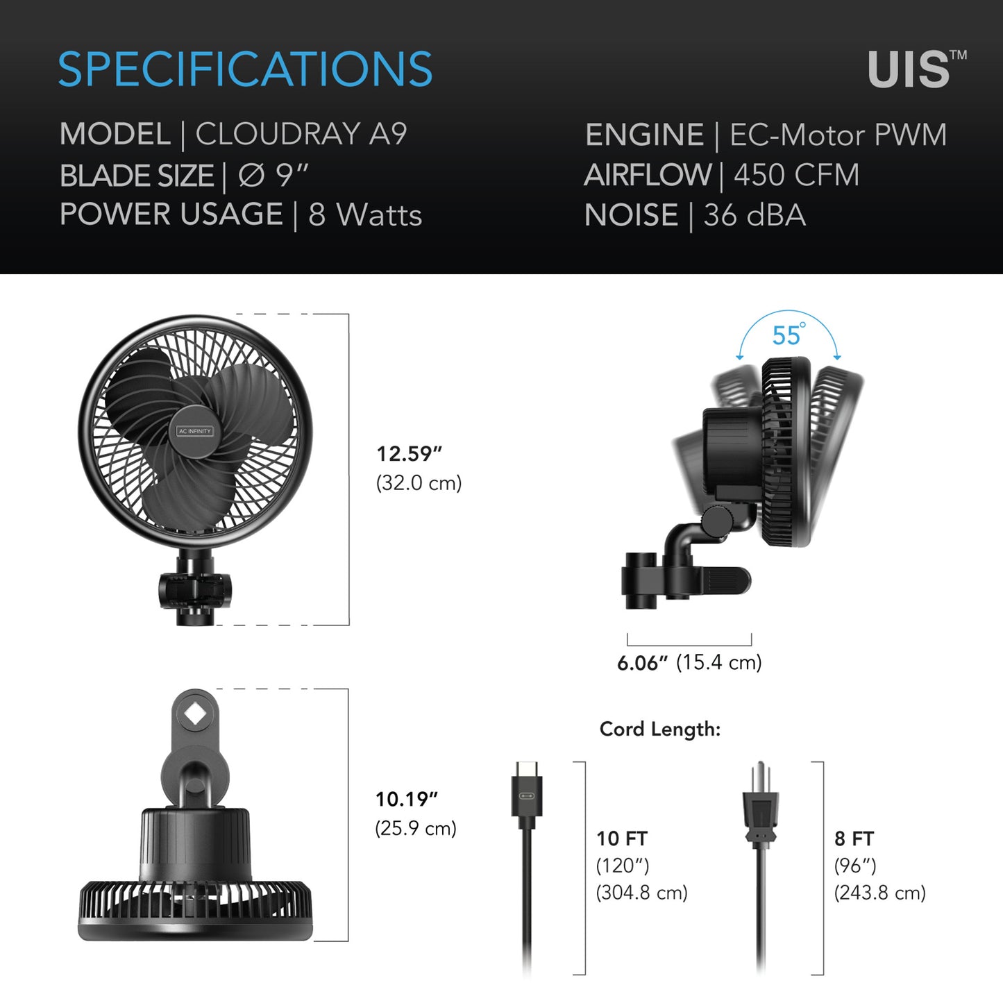 AC INFINITY CLOUDRAY A9, GROW TENT CLIP FAN 9” WITH 10 SPEEDS, EC-MOTOR, MANUAL SWIVEL