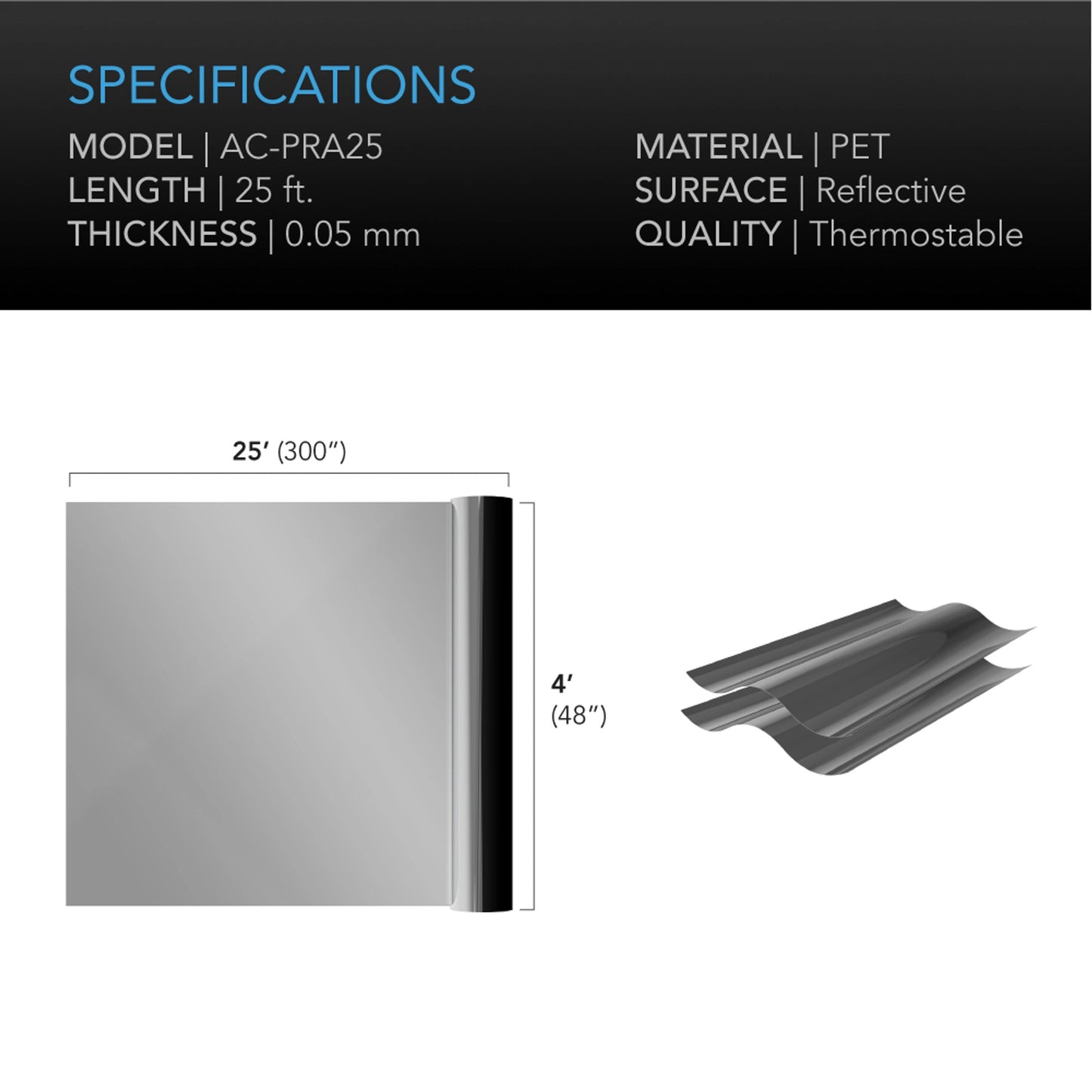 AC INFINITY MYLAR FILM ROLL, PET REFLECTIVE FOIL SHEET, 4 X 25 F
